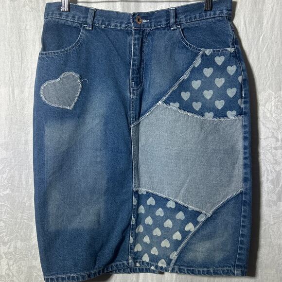 Vintage Jean Skirt 9 10 Patchwork Hearts Pencil Knee Length Distressed Juke Box - Picture 1 of 14